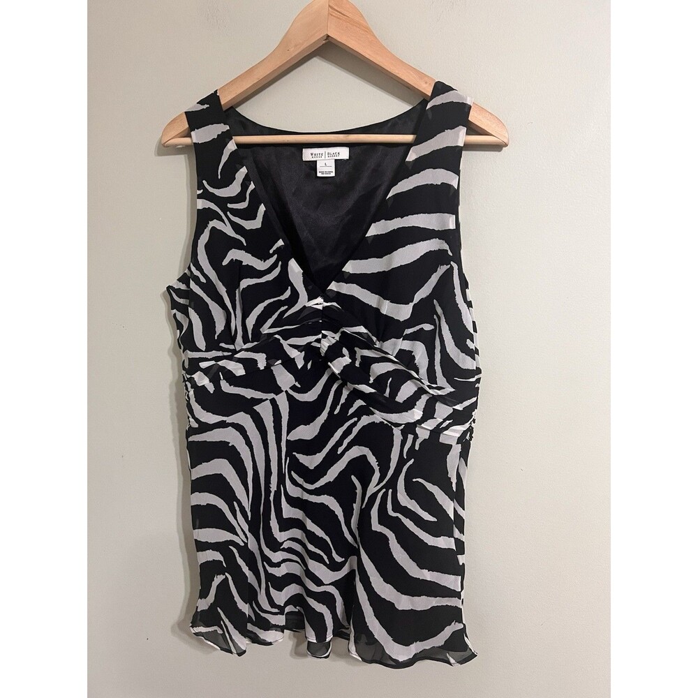 White House Black Market Women's L Gray & Black Zebra Striped Silk Pleated Top
